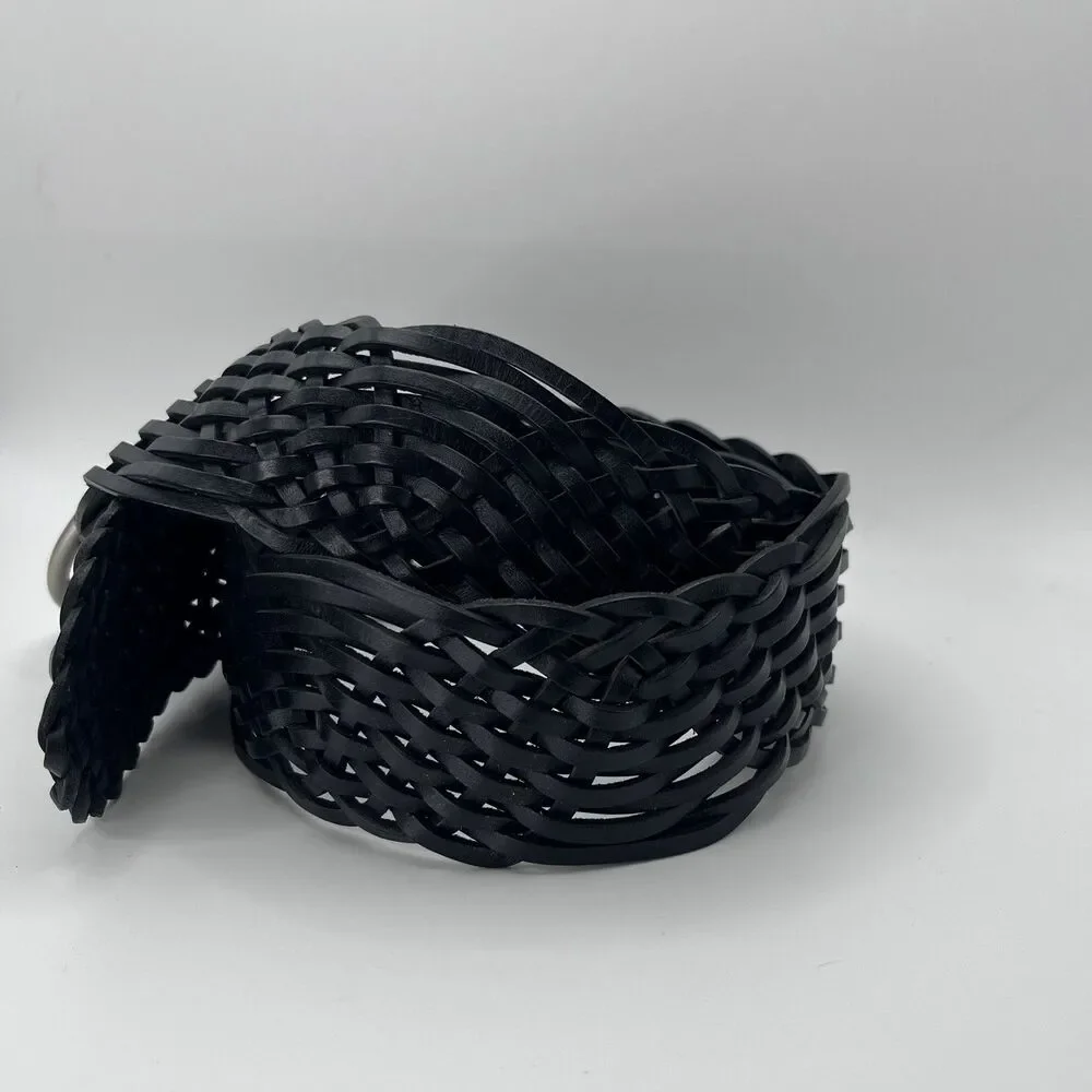 FOSSIL Y2K 90’s Black Braided Leather Belt Women's Grunge Silver Buckle vintage
